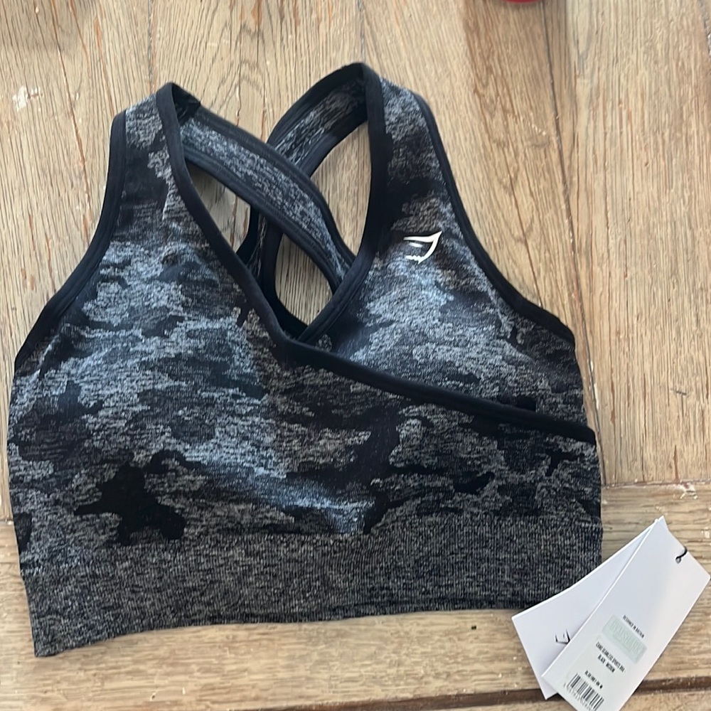 Gymshark Black and Gray Camo Seamless Sports Bra Crop Top